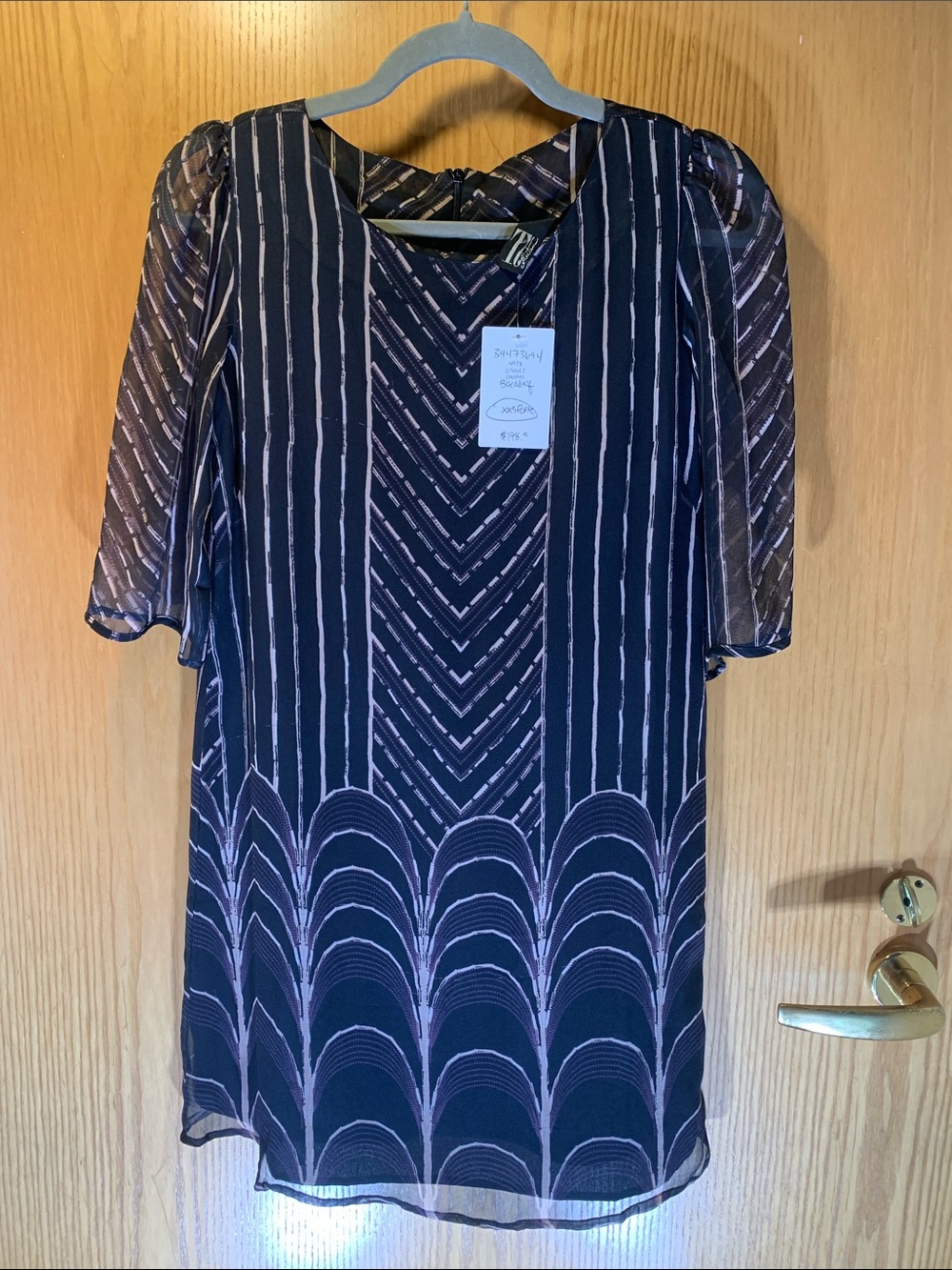 Anthropologie 100% Silk Black/Tan Striped Sheer-Sleeve Dress- Size XXS Petite